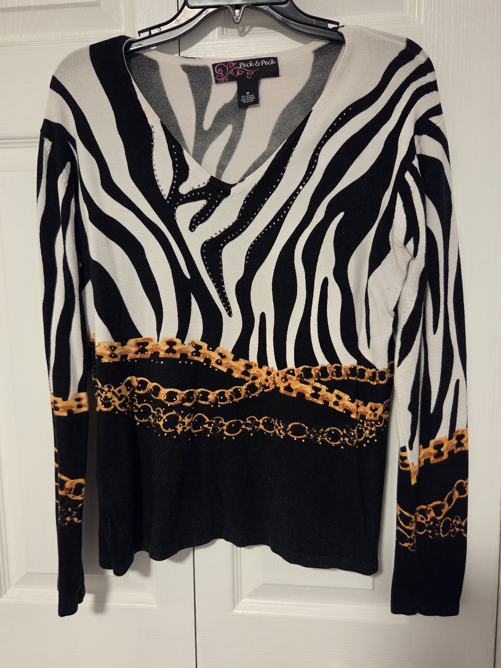 Peck & Peck Black, White & Gold Zebra-Print Long Sleeve V-Neck Top